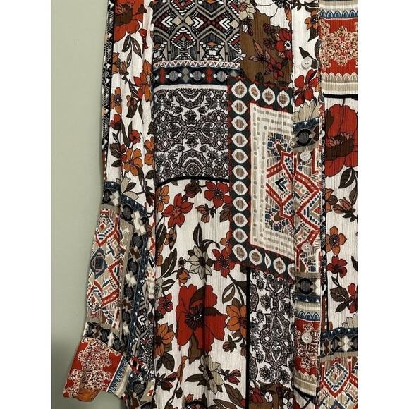 Boho Floral Geometric Quilt Square Pattern Long Sleeve Button-Down Shirt Kimono - Picture 7 of 16